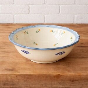 Waverly Provence Hand Painted Ceramic Bowl 12" Scalloped Blue Rim Floral 1990s